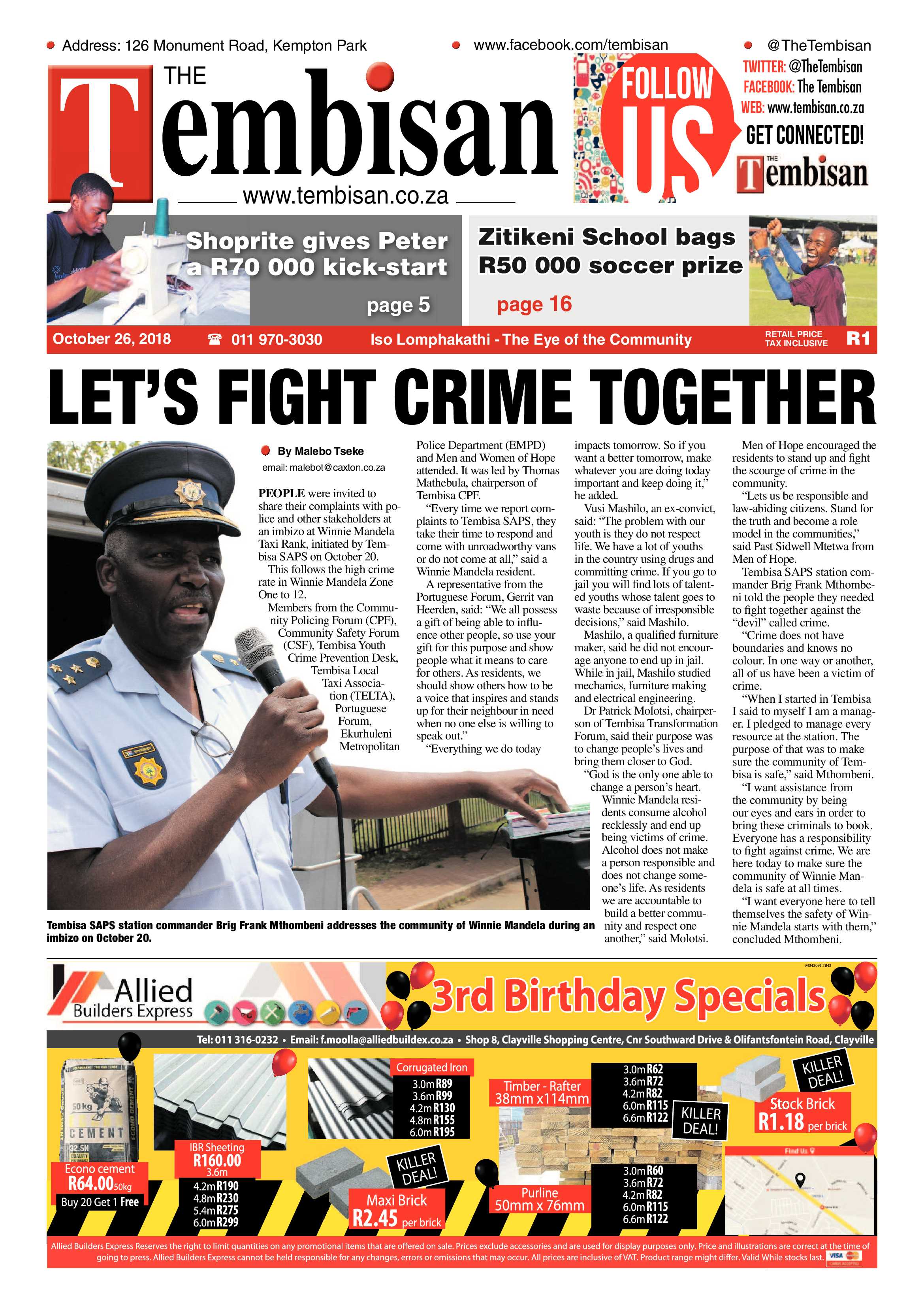 The Tembisan 29 October 2018 page 1